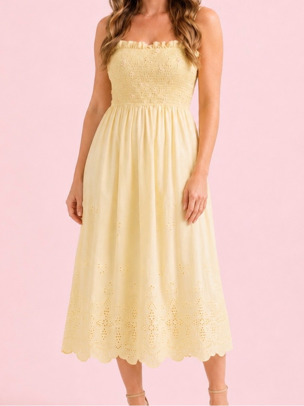 NEW Altar’d State Butter Yellow Floral Eyelet Midi Dress Size M & XL Available